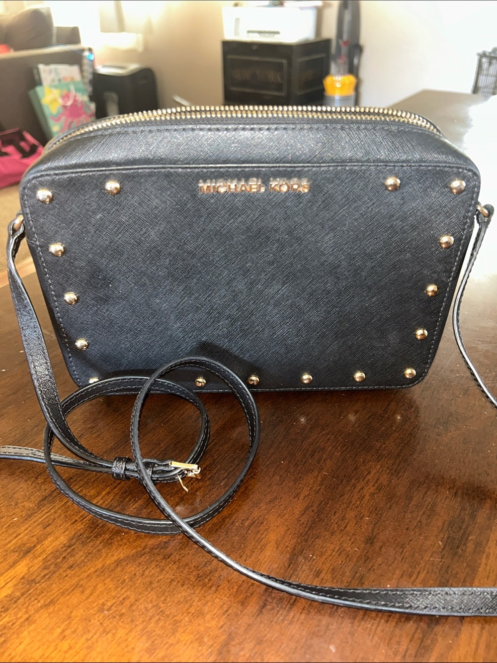 Michael Kors Black Saffiano Crossbody with Gold Stud Accents